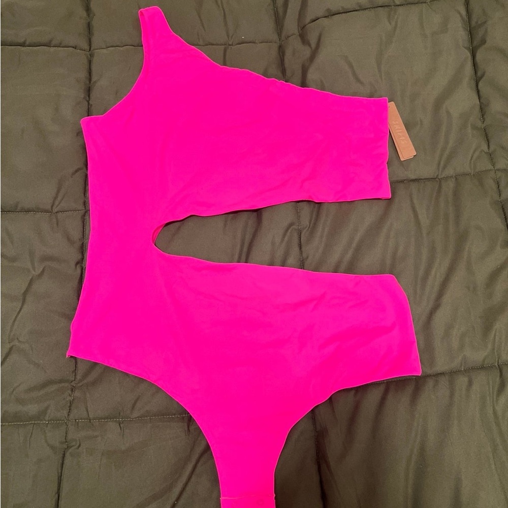 SKIMS One-Shoulder Cutout Bodysuit in Hot Pink - Picture 2 of 4